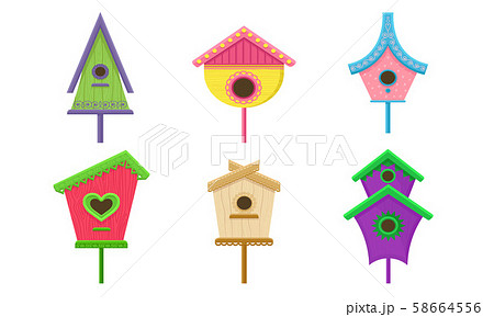 Colorful Birdhouses Vector Illustrated Set. Nesting Boxes For Birds Colorful Birdhouses Vector Illustrated Set. Nesting Boxes For Birds 58664556