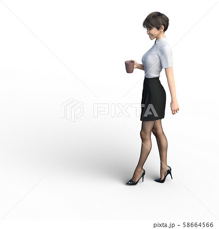 コーヒーカップを持って歩く女性 perming3DCGイラスト素材 コーヒーカップを持って歩く女性 perming3DCGイラスト素材 58664566