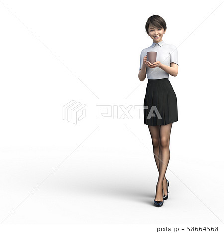 コーヒーカップを持って歩く女性perming3DCGイラスト素材 コーヒーカップを持って歩く女性perming3DCGイラスト素材 58664568