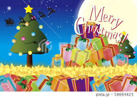 ベクターイラスト背景,クリスマスパーティーイベント素材,ツリー,プレゼント,デコレーション,無料,青 58664825