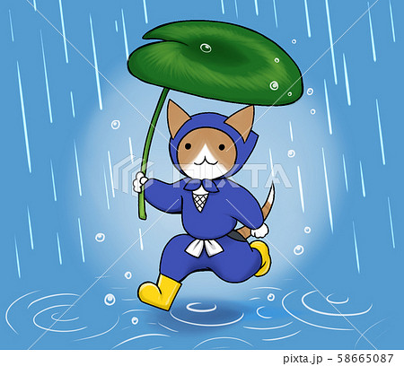 雨の日 黄色の長ぐつと葉っぱの傘でお出かけする忍者のネコさんのイラスト素材