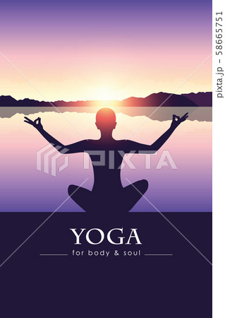 yoga for body and soul meditating person silhouette by the lake with mountain landscape yoga for body and soul meditating person silhouette by the lake with mountain landscape 58665751
