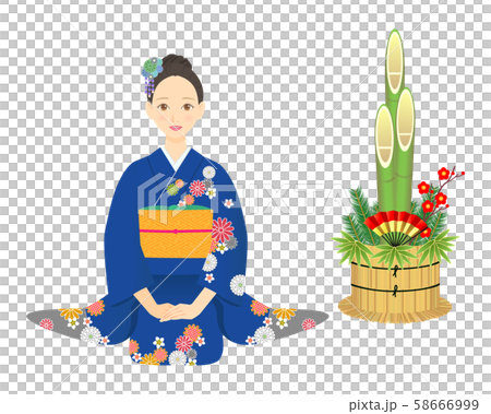 A woman wearing blue kimono and kadomatsu 58666999