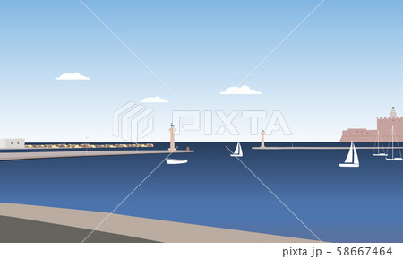 Coast of Rhodes island with sea, moor and columns 58667464