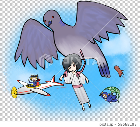 People and animals flying in the sky and looking at the ground (individual jet / blue sky background) 58668198