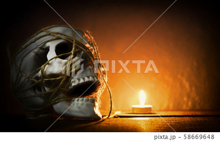 skull still life - Human skull with rope around 58669648