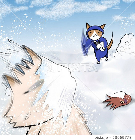 雪合戦で速球を投げて攻撃するねこ忍者さんのイラスト素材