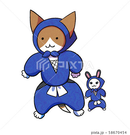 忍者姿のネコさんとウサギさん 58670454