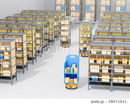 商品棚を運んでいるAMR自律型協働ロボットのコンセプトイメージ 商品棚を運んでいるAMR自律型協働ロボットのコンセプトイメージ 58671011