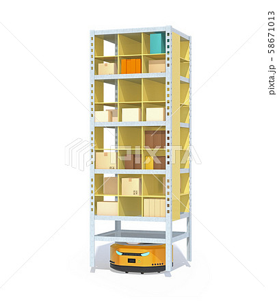 白バック商品棚を運んでいるamr自律型協働ロボットのコンセプトイメージのイラスト素材