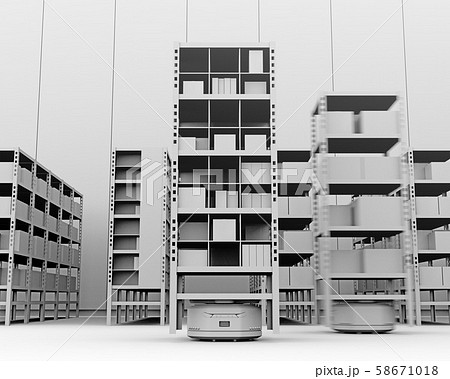 商品棚を運んでいるAMR自律型協働ロボットのクレイレンダリングイメージ 商品棚を運んでいるAMR自律型協働ロボットのクレイレンダリングイメージ 58671018