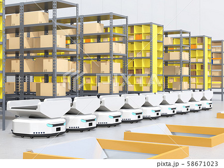 商品棚の前に並んでいる仕分けAMR自律型協働ロボットのイメージ 商品棚の前に並んでいる仕分けAMR自律型協働ロボットのイメージ 58671023