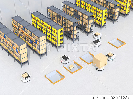 商品棚を運び、仕分けするAMR自律型協働ロボットのコンセプトイメージ 58671027