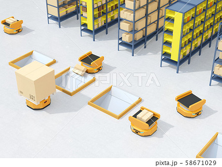 商品棚を運び 仕分けするamr自律型協働ロボットのコンセプトイメージのイラスト素材
