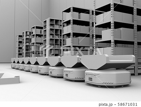 商品棚の前に並んでいる仕分けAMR自律型協働ロボットのクレイレンダリングイメージ 商品棚の前に並んでいる仕分けAMR自律型協働ロボットのクレイレンダリングイメージ 58671031