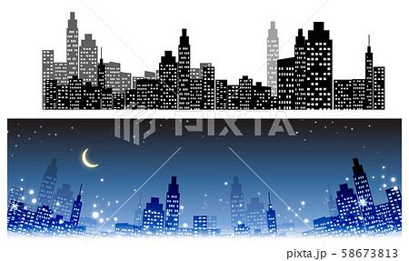 都会のイルミネーション 綺麗な夜景 街 ビルのシルエットのイラスト素材