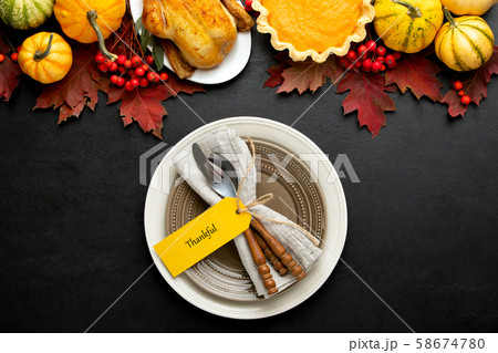 Thanksgiving table setting concept, overhead view Thanksgiving table setting concept, overhead view 58674780