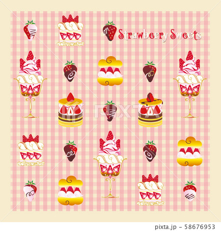ストロベリースイーツ カード ピンクギンガムチェックのイラスト素材