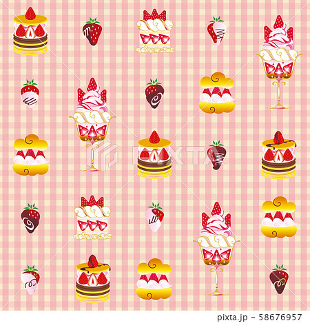 ストロベリースイーツ パターン ピンクギンガムチェックのイラスト素材