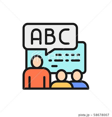 Foreign language lessons, training flat color line icon. Foreign language lessons, training flat color line icon. 58678007