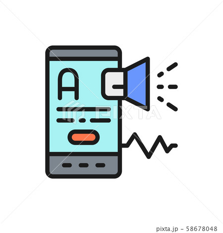 Mobile with megaphone, foreign language, promotion flat color line icon. Mobile with megaphone, foreign language, promotion flat color line icon. 58678048