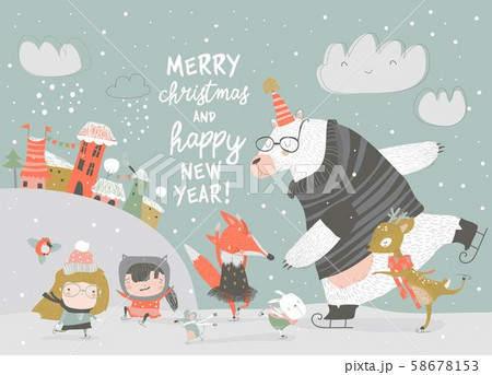 Cute children skating with bear, deer and fox 58678153