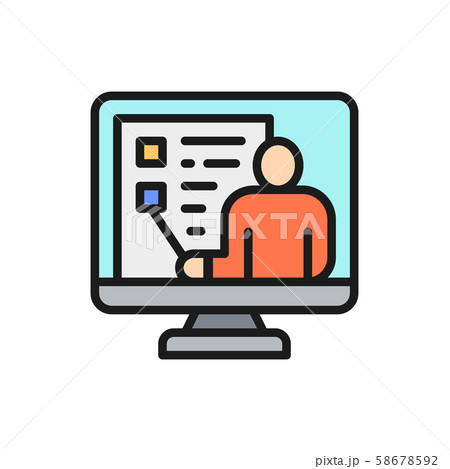 Video education, webinar, web conference, online support flat color line icon. 58678592