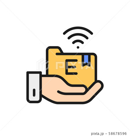 Hand holds e-learning folder flat color line icon. 58678596