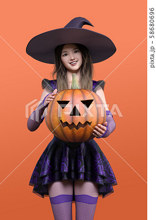 ハロウィンかぼちゃを持ったかわいい魔女のイラスト素材