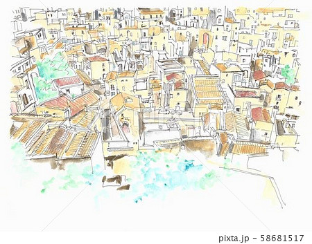 世界遺産の街並 イタリア マテーラの洞窟住居群のイラスト素材