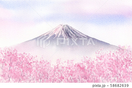 富士山と満開の桜 水彩イラストのイラスト素材