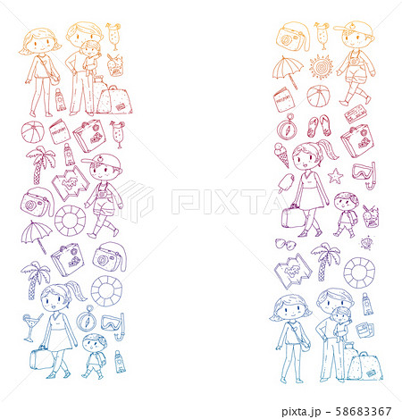 Vector pattern with travel and beach icons. Parents with little kids. Children summer vacation. Vector pattern with travel and beach icons. Parents with little kids. Children summer vacation. 58683367