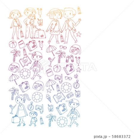 Vector pattern with travel and beach icons. Parents with little kids. Children summer vacation. Vector pattern with travel and beach icons. Parents with little kids. Children summer vacation. 58683372