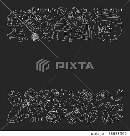 Pet shop. Vector illustration with animals, dog, cat, fish, Colorful background with kitten, bird 58683566