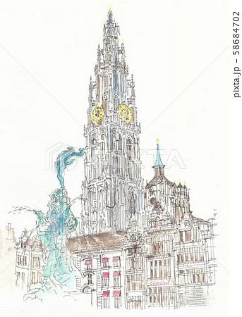 世界遺産の街並・ベルギー・アントワープの鐘楼と小人が巨人の腕（アント）を投げる(ワープ）像 58684702