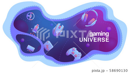 Wavy template with flat Gaming gadgets on modern blue and violet background like gaming universe, on 58690130