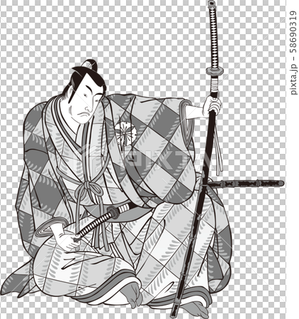浮世絵 武士 その 白黒のイラスト素材