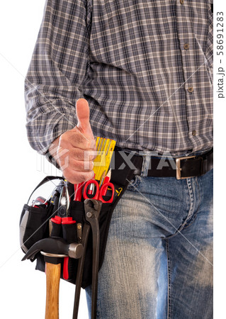 Carpenter with work tools on a white background. 58691283