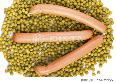 green peas with frankfurter on white green peas with frankfurter on white 58694455