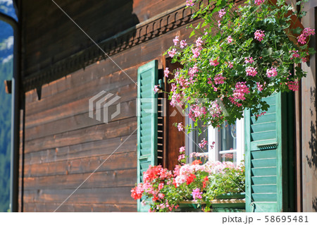 スイスの家と花の写真素材
