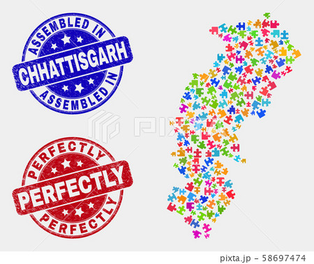 Component Chhattisgarh State Map and Grunge Assembled and Perfectly Stamp Seals 58697474