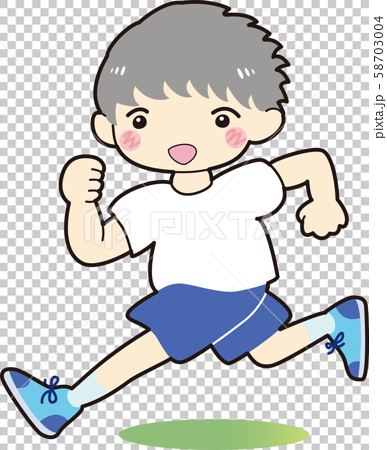 走る 子ども 男の子 体操着 青色 ランニング イラストのイラスト素材