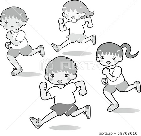 走る 子どもたち 4人 セット 白黒 男の子 女の子 体操着 ランニング イラストのイラスト素材