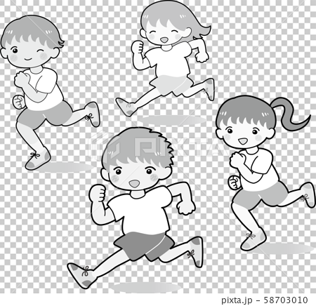 走る 子どもたち 4人 セット 白黒 男の子 女の子 体操着 ランニング イラストのイラスト素材