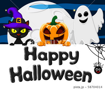 Black cat, pumpkin hat and a Ghost peeking out 58704014