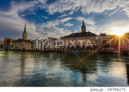 Fraumunster Church and old town zurich by Limmat river before sunset, Switzerland 58706173