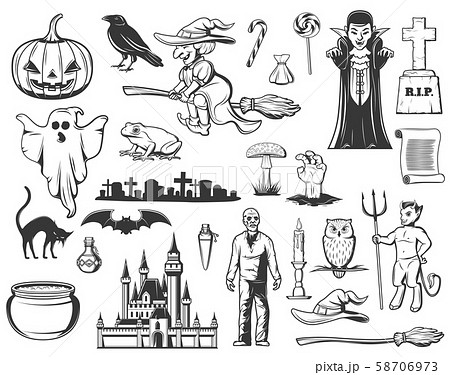 Halloween witch, ghost, pumpkin. Monster icons 58706973