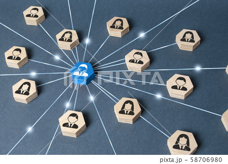 The leader is connected with employees by a wide network of lines. At the center of a complex large system. Communication social. Cooperation, collaboration. Project leadership personnel management The leader is connected with employees by a wide network of lines. At the center of a complex large system. Communication social. Cooperation, collaboration. Project leadership personnel management 58706980