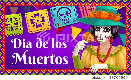Dia de los Muertos Catrina with marigold and flags 58706999