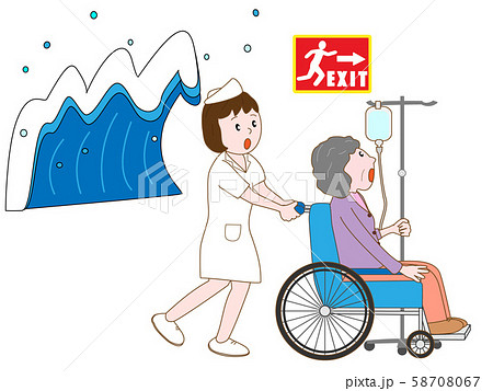 災害に避難する車いすの高齢者 58708067